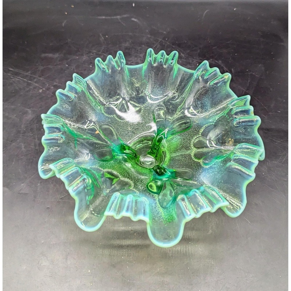 Vintage‎ Dugan Green Opalescent Ghost Flower 3 Footed Candy Dish Crimped 8.75"
